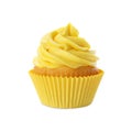 Delicious birthday cupcake decorated with yellow cream isolated on white