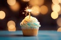 A delicious birthday cupcake and sparkle light. Generative AI