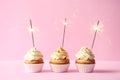 Delicious birthday cupcakes with burning sparklers