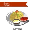 Delicious biryani with creamy and hot sauces on plate