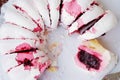 Delicious biscuit cake with pink raspberry jam Royalty Free Stock Photo