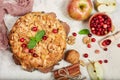 Delicious biscuit pie with apples, walnuts and cranberries Royalty Free Stock Photo