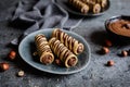 Biscuit tubes filled with hazelnut cream and chocolate topping Royalty Free Stock Photo