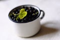 Delicious black currants with green twig in a white cup Royalty Free Stock Photo