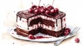 Delicious Black Forest Cake Dessert Watercolor Vector Illustration Royalty Free Stock Photo