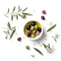 Delicious black, green and red olives with leaves in a bowl, isolated on white background, view from above. AI generated Royalty Free Stock Photo