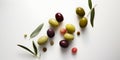 Delicious black, green and red olives with leaves isolated on white background, view from above. AI generated Royalty Free Stock Photo