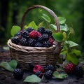 Delicious Blackberry Basket In The Woods With Fresh Apple