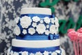 Delicious blue and white wedding cake
