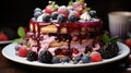 Delicious blueberries cake with chocolate topping and rich decoration