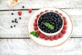 Delicious blueberries in a white bowl sit on a white spacer with a gold rim on a light wooden table.