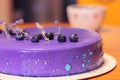 Delicious blueberry cake with blue berries, beads, lavender flower branches