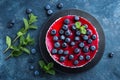 Delicious blueberry cake with fresh berries and marmalade, tasty cheesecake Royalty Free Stock Photo