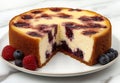 A delicious blueberry cheesecake with a slice missing Royalty Free Stock Photo