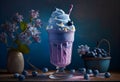 Delicious Blueberry milkshake stands in a cozy cafe on the table. AI Generated