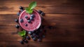 Delicious Blueberry Shake On Wooden Background - Aerial View