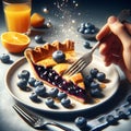 Delicious blueberry tart with fresh berries and orange juice on gray background