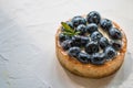 Delicious blueberry tartlet with vanilla custard cream on white background. Top view. Royalty Free Stock Photo