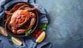 Delicious boiled crabs with sauce in bowl on blue tablecloth, top view. Space for text Royalty Free Stock Photo