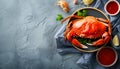 Delicious boiled crabs with sauce in bowl on blue tablecloth, top view. Space for text Royalty Free Stock Photo