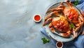 Delicious boiled crabs with sauce in bowl on blue tablecloth, top view. Space for text Royalty Free Stock Photo