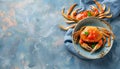 Delicious boiled crabs with sauce in bowl on blue tablecloth, top view. Space for text Royalty Free Stock Photo
