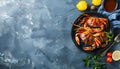 Delicious boiled crabs with sauce in bowl on blue tablecloth, top view. Space for text Royalty Free Stock Photo