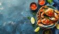 Delicious boiled crabs with sauce in bowl on blue tablecloth, top view. Space for text Royalty Free Stock Photo