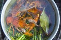 Delicious boiled red Crayfish in water and dill on the fire Royalty Free Stock Photo