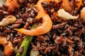 Delicious boiled rice with shrimps and vegetables, closeup Royalty Free Stock Photo