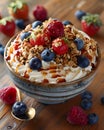 A delicious bowl of granola with strawberries, blueberries, and whipped cream Royalty Free Stock Photo