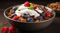 Delicious bowl of granola topped with creamy yogurt and fresh berries. Perfect for healthy and