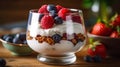 A delicious bowl of granola with yogurt and fresh mixed berries, a healthy and nutritious breakfast option. Perfect for a healthy