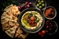 A delicious bowl of hummus served with olives, tomatoes, and pita bread, A Mediterranean spread with hummus, pita, and olives, AI