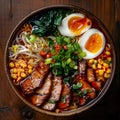 A bowl of ramen with meat and eggs on a wooden table Royalty Free Stock Photo