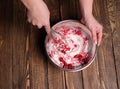 Delicious bowl of strawberry ice cream. Homemade cooking