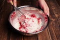 Delicious bowl of strawberry ice cream. Homemade cooking