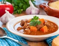 A delicious bowl of traditional Hungarian goulash, rich and hearty, garnished with fresh parsley Royalty Free Stock Photo