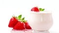 Delicious bowl of Yogurt topped with fresh strawberries, isolated on white, with copy space Royalty Free Stock Photo