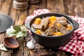 Delicious braised beef meat in broth with vegetables, goulash Royalty Free Stock Photo