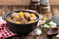 Delicious braised beef meat in broth with vegetables, goulash Royalty Free Stock Photo