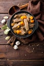 Delicious braised beef meat in broth with vegetables, goulash Royalty Free Stock Photo