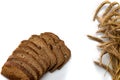 Delicious bread. Fresh loaf of rustic traditional bread with wheat grain ear or spike plant isolated on white background. Rye Royalty Free Stock Photo