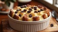 Delicious bread pudding with raisins and icing sugar in a white ramekin Royalty Free Stock Photo