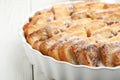 Delicious bread pudding with raisins and powdered sugar on white wooden table, closeup Royalty Free Stock Photo