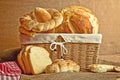 Delicious bread and rolls in wicker basket Royalty Free Stock Photo