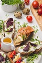 Delicious,  bread toast with red fish, soft cheese Royalty Free Stock Photo