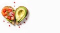 Delicious bread toasts in the shape of heart, with fresh avocado and red salted fish, on a white background