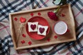 Delicious breakfast in bed on valentines day Royalty Free Stock Photo