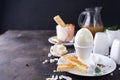 Delicious breakfast with boiled eggs and crispy toasts